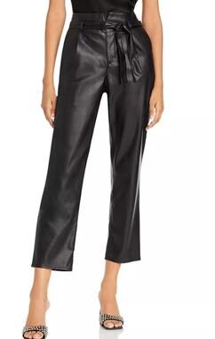 Paige NEW Melila Faux Leather Paper Bag High Waisted Tie Front Crop Pant Black 0